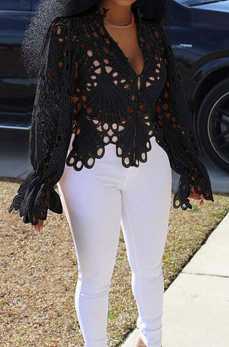 Black Euramerican Women Hole Sexy Horn Sleeve  Bodycon Cardigan T Shirts XQ1149-5
