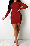 Orange Simple Newest Ribber Long Sleeve High Neck Elastic Slim Fitting Hip Dress DR88123-4