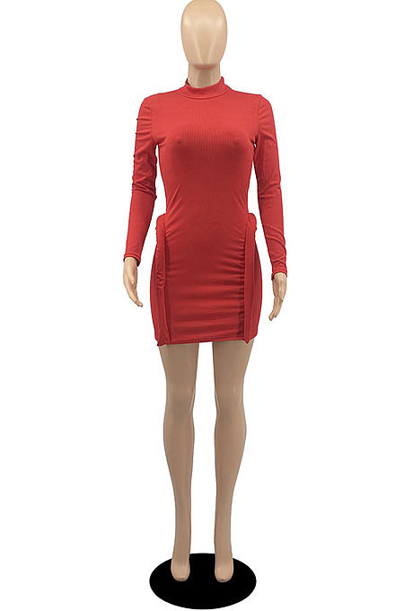 Red Simple Newest Ribber Long Sleeve High Neck Elastic Slim Fitting Hip Dress DR88123-1