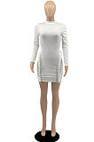 Orange Simple Newest Ribber Long Sleeve High Neck Elastic Slim Fitting Hip Dress DR88123-4