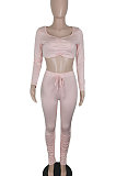 Pink Casual Pure Color Long Sleeve Dew Waist Pants Sets YY5307-1