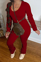 Drak Red Botton Blend Pure Color Long Sleeve V Neck T-Shirts Pencil Pants Slim Fitting Ruffle Sets DR88124-2