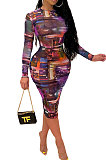 Orange Women Printing Sexy Perspectivity Round Collar Mid Waist Midi Dress YY5303-1