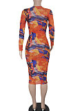Orange Women Printing Sexy Perspectivity Round Collar Mid Waist Midi Dress YY5303-1