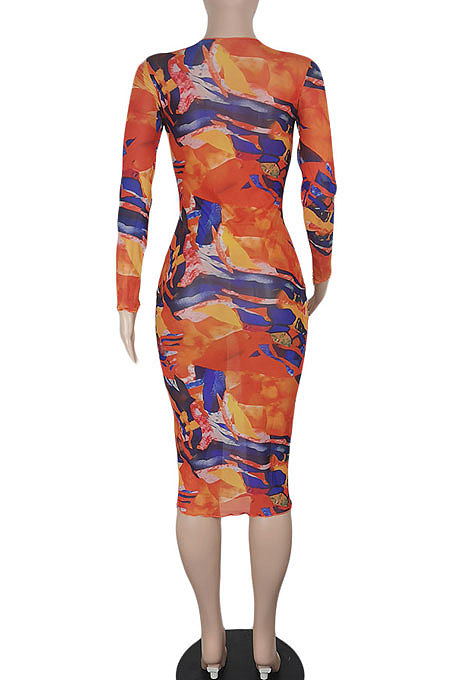 Orange Women Printing Sexy Perspectivity Round Collar Mid Waist Midi Dress YY5303-1