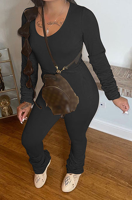 Black Botton Blend Pure Color Long Sleeve V Neck T-Shirts Pencil Pants Slim Fitting Ruffle Sets DR88124-4