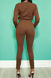 Brown Fashion Simple Long Sleeve Round Neck Jumper Zipper Slit Pencil Pants Sets DR88127-2