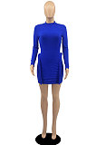 Orange Simple Newest Ribber Long Sleeve High Neck Elastic Slim Fitting Hip Dress DR88123-4