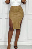 Black Fashion Elastic PU Leather Slit Button Zipper Hip Skirts BS1287-1