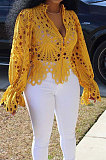Yellow Euramerican Women Hole Sexy Horn Sleeve  Bodycon Cardigan T Shirts XQ1149-3