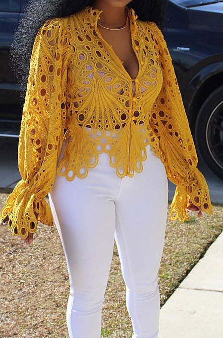 Yellow Euramerican Women Hole Sexy Horn Sleeve  Bodycon Cardigan T Shirts XQ1149-3