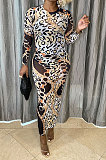Green Women Printing Mesh Spaghetti Long Sleeve Round Collar Long Dress  RB3203-2