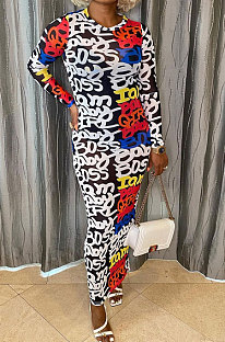 White Women Printing Mesh Spaghetti Long Sleeve Round Collar Long Dress  RB3203-1