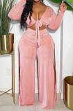 Black Wholesale Women Velvet Long Sleeve Bandage Strapless Slit Wide Leg Pants Casual Sets DN8634-2