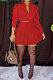 Red Women Casual Pure Color Long Sleeve Bowknot Ruffle Skirts Sets WXY6618-2