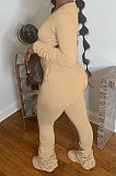 Blue Botton Blend Pure Color Long Sleeve V Neck T-Shirts Pencil Pants Slim Fitting Ruffle Sets DR88124-1