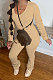 Khaki Botton Blend Pure Color Long Sleeve V Neck T-Shirts Pencil Pants Slim Fitting Ruffle Sets DR88124-5