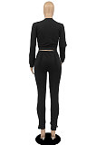 Green Fashion Simple Long Sleeve Round Neck Jumper Zipper Slit Pencil Pants Sets DR88127-1