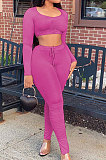 Pink Casual Pure Color Long Sleeve Dew Waist Pants Sets YY5307-1