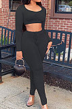 Rose Red Casual Pure Color Long Sleeve Dew Waist Pants Sets YY5307-3