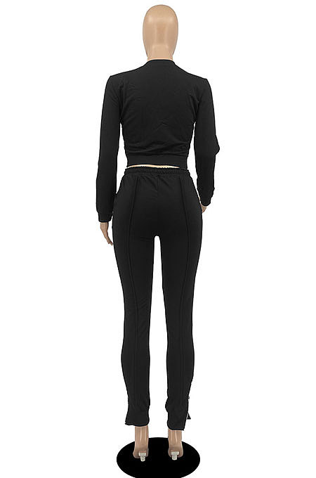 Brown Fashion Simple Long Sleeve Round Neck Jumper Zipper Slit Pencil Pants Sets DR88127-2