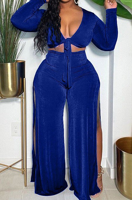Pink Wholesale Women Velvet Long Sleeve Bandage Strapless Slit Wide Leg Pants Casual Sets DN8634-1
