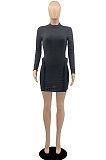 Orange Simple Newest Ribber Long Sleeve High Neck Elastic Slim Fitting Hip Dress DR88123-4