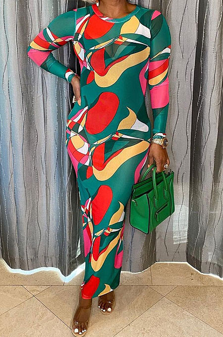 Green Women Printing Mesh Spaghetti Long Sleeve Round Collar Long Dress  RB3203-2