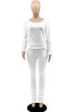 Blue Botton Blend Pure Color Long Sleeve V Neck T-Shirts Pencil Pants Slim Fitting Ruffle Sets DR88124-1