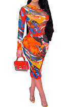 Orange Women Printing Sexy Perspectivity Round Collar Mid Waist Midi Dress YY5303-1