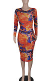 Purple Women Printing Sexy Perspectivity Round Collar Mid Waist Midi Dress YY5303-2