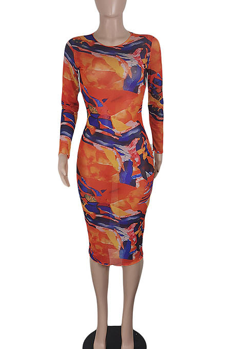 Purple Women Printing Sexy Perspectivity Round Collar Mid Waist Midi Dress YY5303-2