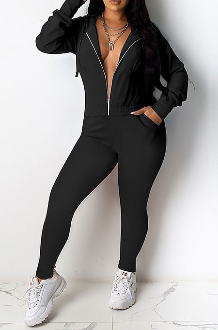 Black Casual Newest Long Sleeve Zip Front Hoodie Pencil Pants Sport Sets DR88126-3