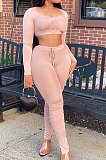 Rose Red Casual Pure Color Long Sleeve Dew Waist Pants Sets YY5307-3