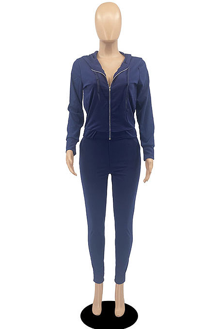 Navy Blue Casual Newest Long Sleeve Zip Front Hoodie Pencil Pants Sport Sets DR88126-2