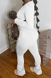 Blue Botton Blend Pure Color Long Sleeve V Neck T-Shirts Pencil Pants Slim Fitting Ruffle Sets DR88124-1