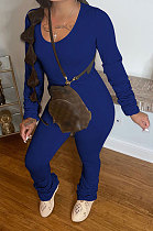 Blue Botton Blend Pure Color Long Sleeve V Neck T-Shirts Pencil Pants Slim Fitting Ruffle Sets DR88124-1