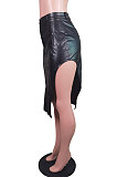 Wine Red Fashion Elastic PU Leather Slit Button Zipper Hip Skirts BS1287-3