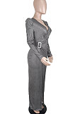 Wine Red Women Fashion Line Sexy Ruffle V Collar Mid Waist Long Dress YY5309-2