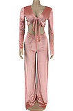 Pink Wholesale Women Velvet Long Sleeve Bandage Strapless Slit Wide Leg Pants Casual Sets DN8634-1