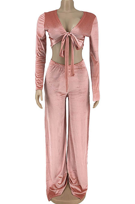 Pink Wholesale Women Velvet Long Sleeve Bandage Strapless Slit Wide Leg Pants Casual Sets DN8634-1