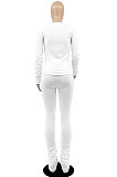 Blue Botton Blend Pure Color Long Sleeve V Neck T-Shirts Pencil Pants Slim Fitting Ruffle Sets DR88124-1