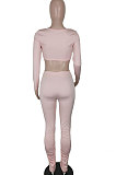 Pink Casual Pure Color Long Sleeve Dew Waist Pants Sets YY5307-1