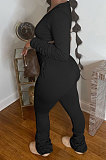 Blue Botton Blend Pure Color Long Sleeve V Neck T-Shirts Pencil Pants Slim Fitting Ruffle Sets DR88124-1