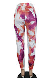 Pink Purple Women Printing Contrast Color Sport Casual Pants YY5314