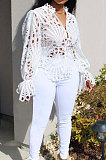 White Euramerican Women Hole Sexy Horn Sleeve  Bodycon Cardigan T Shirts XQ1149-1