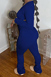 Blue Botton Blend Pure Color Long Sleeve V Neck T-Shirts Pencil Pants Slim Fitting Ruffle Sets DR88124-1