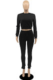 Brown Fashion Simple Long Sleeve Round Neck Jumper Zipper Slit Pencil Pants Sets DR88127-2