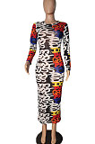 Leopard Women Printing Mesh Spaghetti Long Sleeve Round Collar Long Dress  RB3203-3