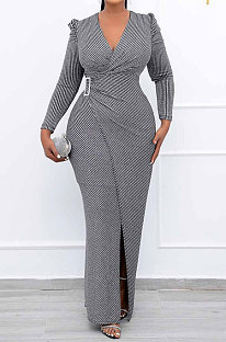 Gray Women Fashion Line Sexy Ruffle V Collar Mid Waist Long Dress YY5309-1